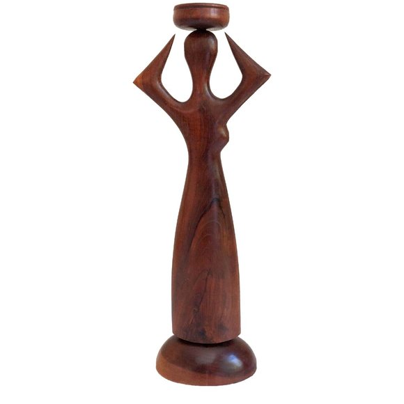Vintage Signed Mid Century Modern Carved Wooden Candle Holder Woman Figural 15" - Picture 1 of 5